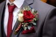 Groom in a fashionable modern suit with a boutonniere close-up