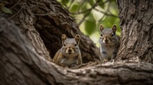Squirrels In The Hollow Of A Tree In The Forest. Wilderness Concept. Wildlife Concept.