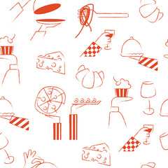 Wall Mural - Seamless pattern with hand drawn elements doodles resturant. Italian French food set. Party catering cooking concept. Vector illustration modern style isolated on white background.