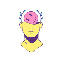 Wall Mural - Y2k psychedelic man bust statue with laurel wreath and smiley groovy style icon vector flat