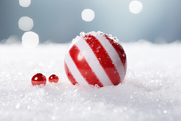 A red and white striped ornament in the snow created with generative AI technology