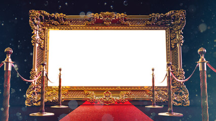 Wall Mural - 3D render of red carpet with barriers leading to a golden frame, vip concept