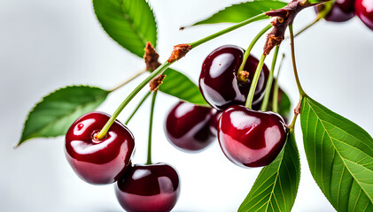 Cherry fruit with green leaves in a set composition of food photography