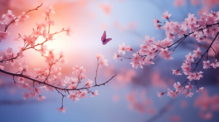 Wall Mural - Spring background with blooming cherry tree and butterfly.