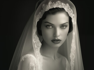 Portrait of a beautiful woman in the style of fashion film noir black and white photography, romantic soft focus, in a dark background