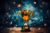 Fototapeta  - Gold winner cup trophy on dark background under spotlights with abstract shiny gold and blue lights