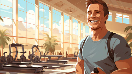 Wall Mural - Man doing exercises training at gym. Sporty people working out. Sport, workout, run and fitness. Cartoon illustration