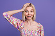 Photo of excited impressed woman dressed flower print blouse arm head open mouth isolated purple color background