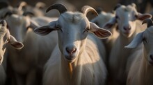 Close Up Of White Goat With Long Horns In A Herd Of Sheep. Village. Farm Animal Concept.