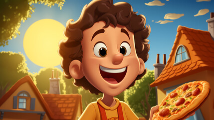 Wall Mural - Cute little boy eats delicious juicy pizza on a sunny day illustration.