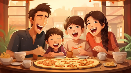 Wall Mural - Happy family boy eats delicious juicy pizza on a sunny day illustration.