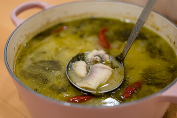 Canvas Print - Boiled fish with pickled cabbage and chili