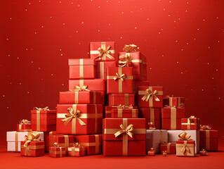 Many red gift boxes on red background