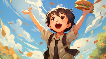 Wall Mural - Illustration of a cartoon boy eating a hamburger.