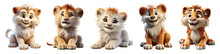 Collection Of 3d Illustrations Of Cute Lion Cartoon Characters, Isolated On Transparent Background, Generative Ai