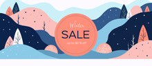 Winter Sale Product Banner, Flat Style, Bright And Rich Colors. Mountains And Peaks With Trees And Place For Text. Excellent Banner And Poster For Distribution, Mailing And Sales Discounts.