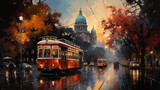 Fototapeta Londyn - Rainy Tram Street Painting