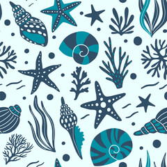 Seamless pattern with seashells, starfish, corals, seaweeds, waves. Hand-drawn seaside summer beach print. Cute ocean background. Abstract design for clothing, wrap, textile, fabric.