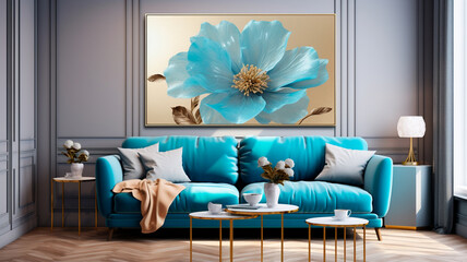 Wall Mural - interior of modern living room with sofa and flowers