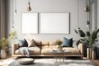 stylish living room interior with  mockup frame poster modern interior design 3D render 3D illustration