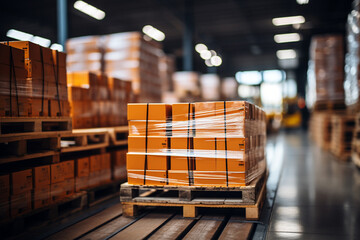 Retail warehouse full of shelves with goods in cartons, with pallets. Logistics and transportation blurred background. Product distribution