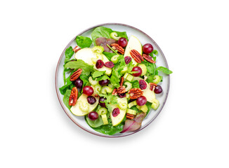 Wall Mural - Waldorf Salad, Fresh Apple Salad with Cranberry, Grapes, Pecans and Salad Mix, Comfort Food on White Background