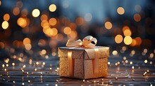 New Year Celebration Background, Gift Boxes And Pine Cones And Branches On The Background Of Bokeh Light Effect