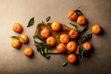 Mandarin Oranges, Clementines Or Tangerines With Leaves On A Dark Background, Top View