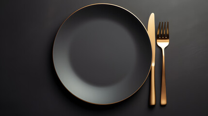 Dark plate with with golden cutlery on black background