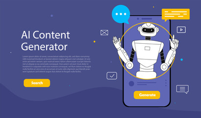 AI Content generation concept. Artificial intelligence and machine learning. Chatbot at smartphone display. Landing page design. Modern technologies and innovations. Cartoon flat vector illustration