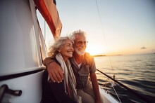 Active Senior Couple On A Sailor Boat Enjoying Sunset At The Sea. Romantic Date