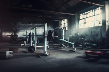 Modern of gym interior with equipment. Sports equipment in the gym. Neural network AI generated art