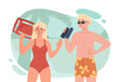 Lifeguards on beach concept. Man with binocular and woman with surf in swimsuits. Safety and protection. Guards in tropical countries. Cartoon flat vector illustration isolated on white background