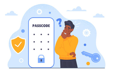 Wall Mural - lock screen at smartphone concept. man with mobile phone. safety and security system. gadget or devi