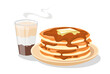 Pancakes on plate. Traditional and healthy morning breaklfast with hot drink. Tea or coffee with cakes in butter and syrup. Homemade dessert and delicacy. Cartoon flat vector illustration