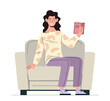 Woman seated at sofa. Young girl with pink book sit at armchair. Character with textbook or fiction. Template and layout. Cartoon flat vector illustration isolated on white background