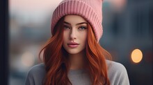 A Picture Of A Serious Woman With Red Hair, Wearing A Pink Hat And A Knitted Sweater, Looks Thoughtfully To The Side