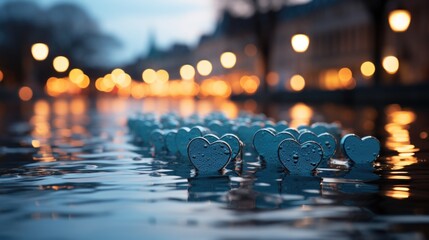 Wall Mural - A row of blue hearts sitting on top of a puddle of water.