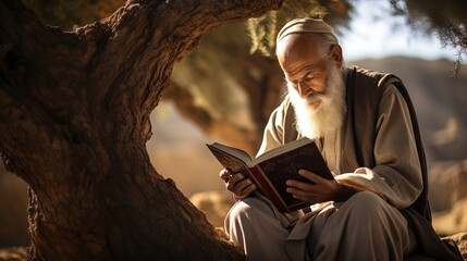 A calm Arabic old man with a book in his hands, reading under a tree