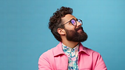 Wall Mural - A thoughtful man with a beard is thinking hard and making a decision while wearing a summer outfit and pink sunglasses. He is standing against a blue wall