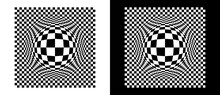Distorted Checkered Background For Any Design. Black Shape On A White Background And The Same White Shape On The Black Side.