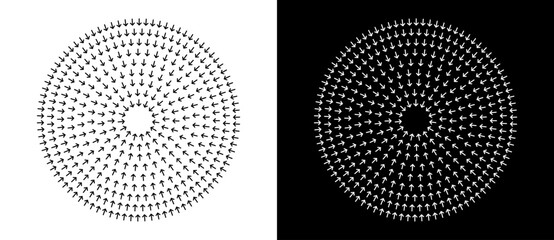 Poster - Circle with arrows go to center. Abstract art creative illustration collapse concept. Black shape on a white background and the same white shape on the black side.