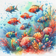 Bright fish swim in a school. Sea bottom. Watercolor illustration. Karaly. Aquarium with small beautiful fish. Sunlight in water.