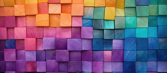 Wall Mural -  a multicolored wall made up of squares and rectangles of varying sizes and colors of different shades of blue, orange, yellow, pink, purple, green, and purple.