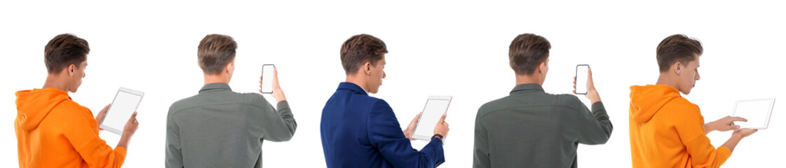 Man using different devices on white background, set of photos