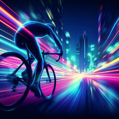 Wall Mural - Abstract cyclist neon speed motion graphic design background concept withncity view