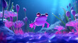 © Anna - Cute frog is swimming underwater. Beautiful nature in the lake. Fantasy background in blue purple colors