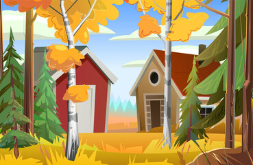 Wall Mural - house is beautiful. village in autumn forest. pine and birch. fun cartoon style. vector
