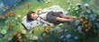 Boy sleeping in a beautiful graveyard with white little flowers in green grass, top view from drone cartoon illustration background