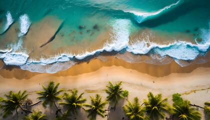 Contrast between the turquoise waves and golden sands, emphasizing the tranquil beauty of the beach with tree palms from a top-down perspective.